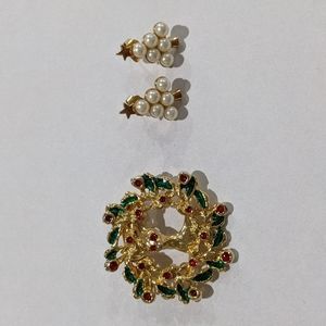 Christmas Brooch and Earring Set
